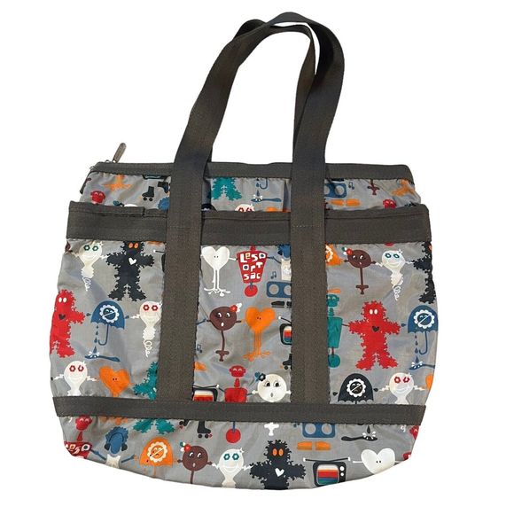 LE SPORTSAC Medium Travel Tote Robot Print 3 Front Pockets Grey/Red/Blue - Picture 10 of 13